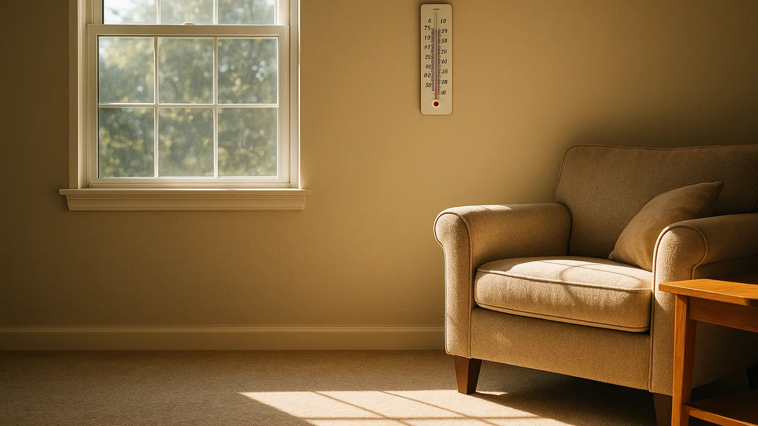 Sunlight streaming through a west-facing window onto carpet and furniture, with a thermometer visible on the wall showing temperature reading.