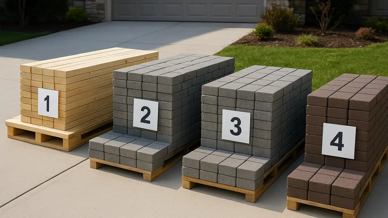 Stacked pallets of lumber and pavers arranged in sequence on a driveway, organized by installation order with labels visible on each stack.