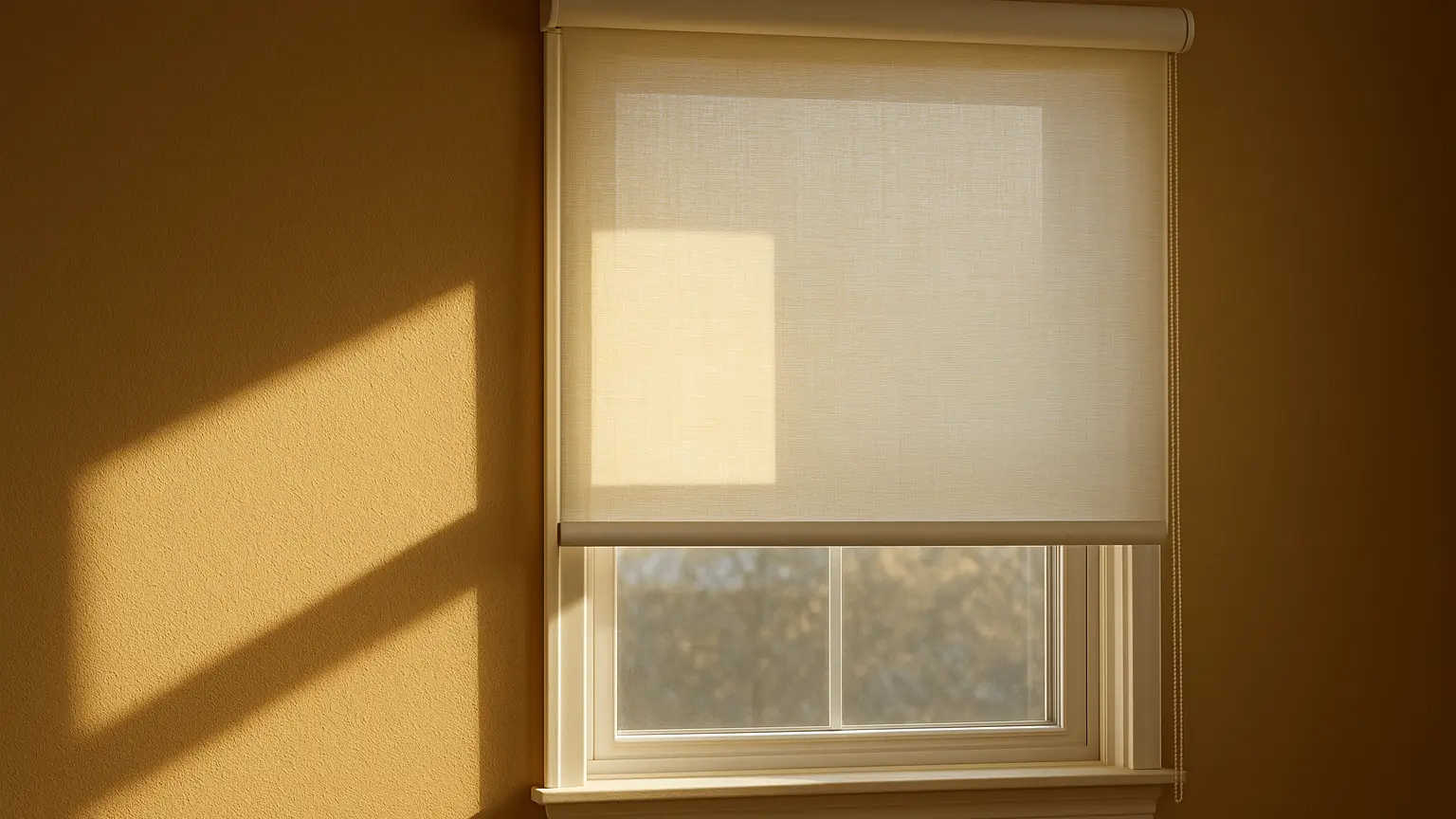 Interior roller shade installed on inside of west-facing window with sunlight streaming through, casting shadow on warm wall behind it.
