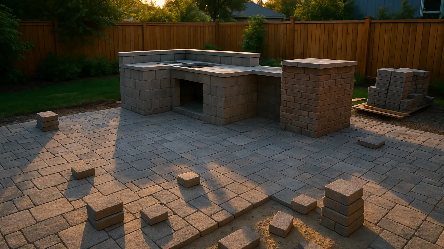 Backyard patio at dusk with incomplete outdoor kitchen, scattered pavers, stacked materials, and lengthening shadows across the work site.