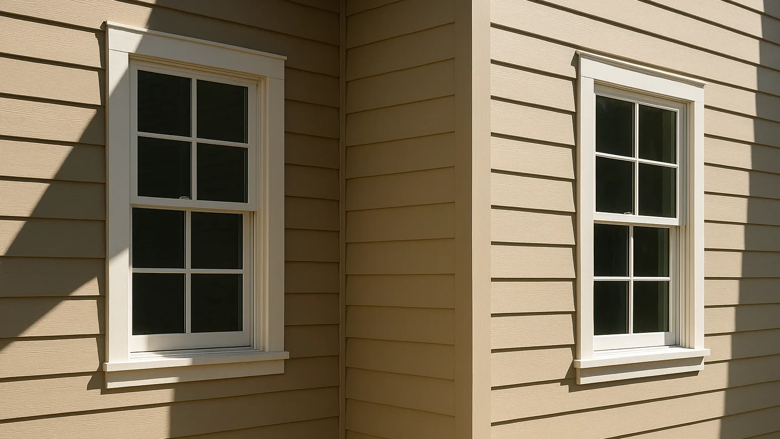 Two windows on opposite sides of a house exterior, one facing west with harsh afternoon shadows, one facing south with different light angle and intensity.