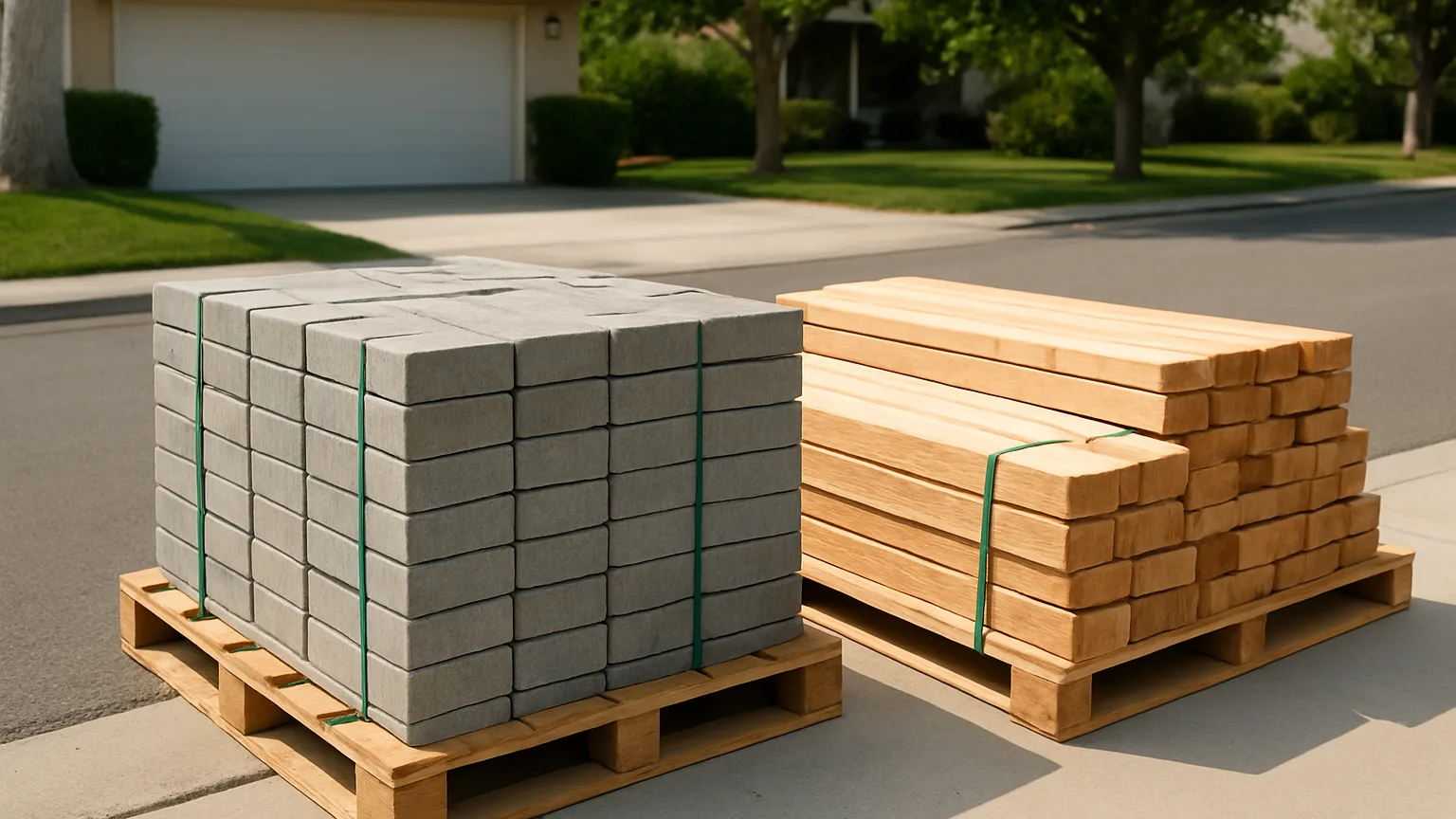 Pallets of pavers and stacked lumber sit unattended on a residential driveway in daylight, exposed to the street with no fencing or covering.